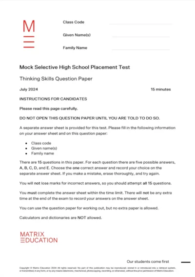 sample cover page of selective test thinking skills paper