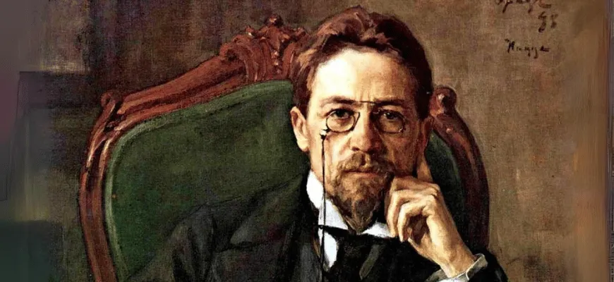 Portrait of Russian playwright Anton Chekhov seated in a chair.