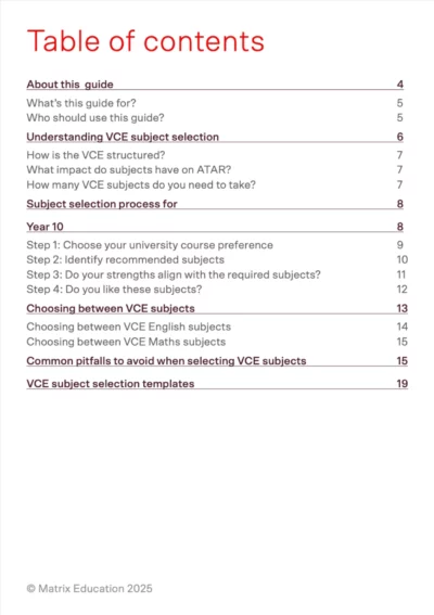 Image featuring the table of contents for the VCE subject selection guide