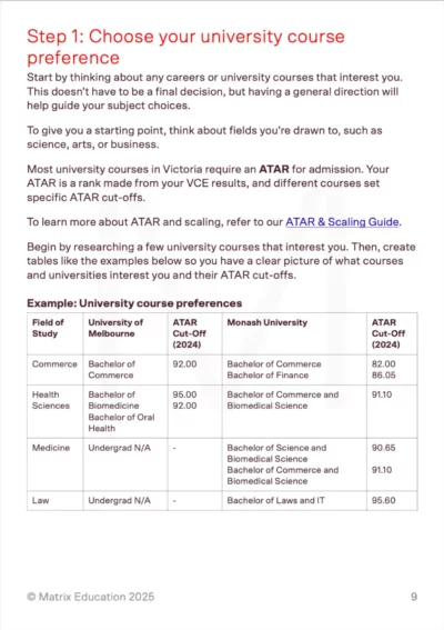 Step 1 guide for choosing university course preferences with example ATAR cut-offs for courses