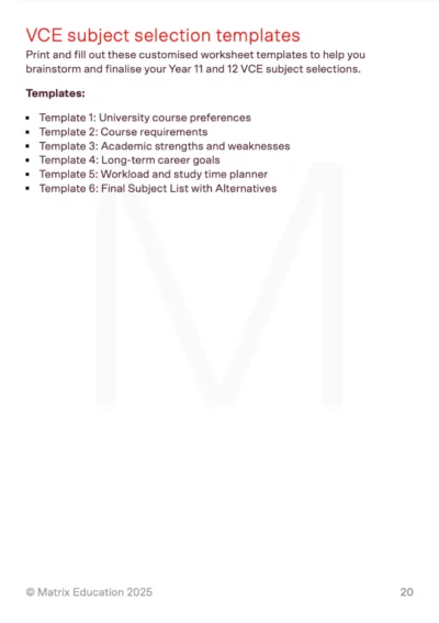 VCE subject selection templates with worksheets for course preferences, requirements, strengths, career goals, workload planner, and final subject list.