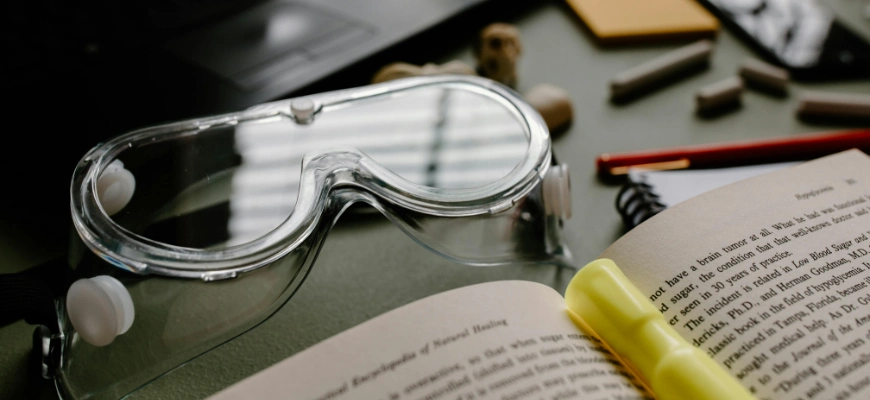 A close-up of safety goggles placed on an open science textbook