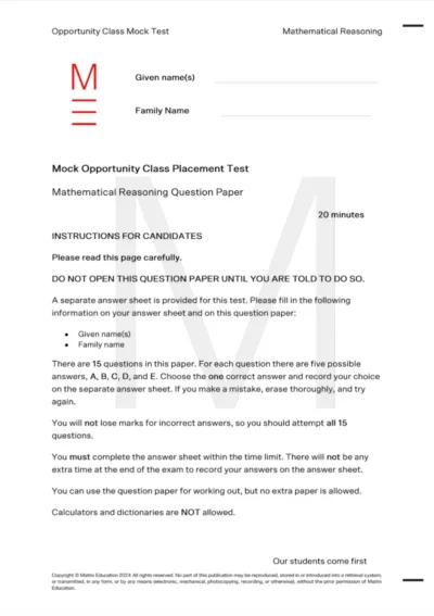 sample cover page of mock oc mathematic reasoning test