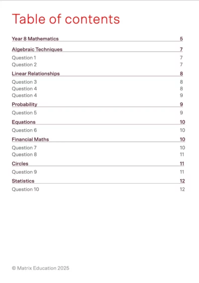 Table of contents for the Year 8 maths worksheet