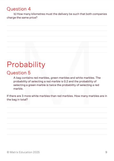 Year 8 maths worksheet featuring a probability question