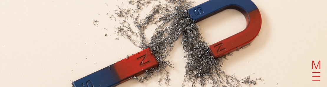 U-shaped magnet with iron filings showing magnetic field lines