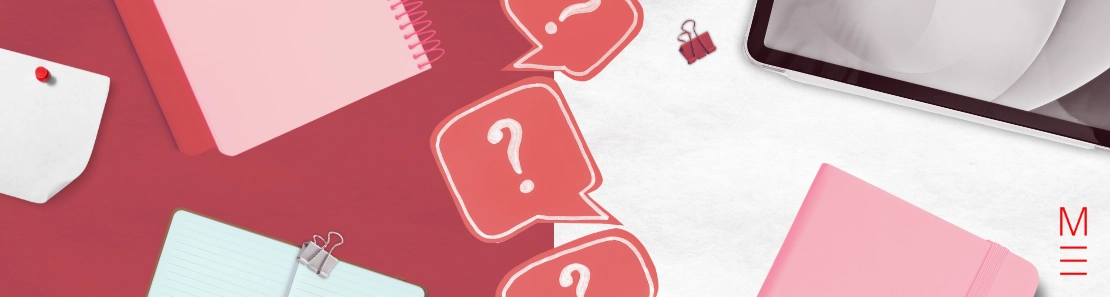 red and white background with stationery spread across and question marks running along the middle
