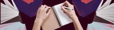 Hands writing in a notebook surrounded by open books, symbolising study for VCE English essays