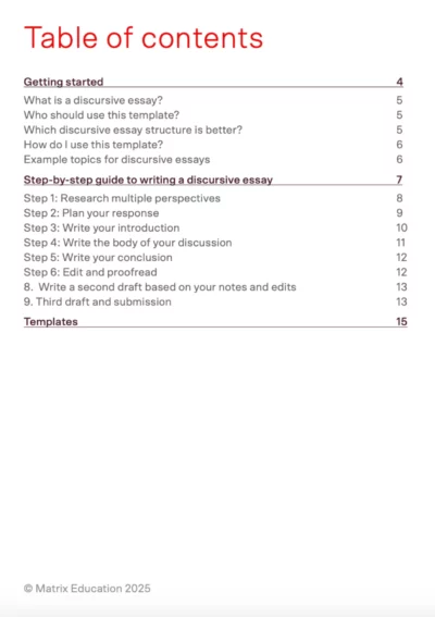 table of contents for the discursive essay template