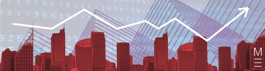 City skyline with upward trending graph representing 2024 high school rankings
