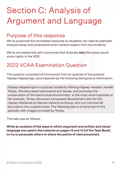 sample page introducing vce englishs ection c annotated essay