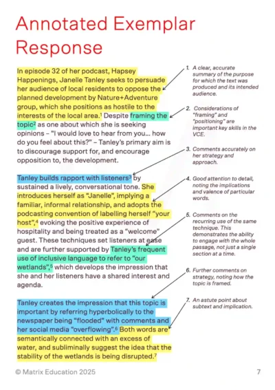 sample page of an annotated vce english section c essay, highlighted