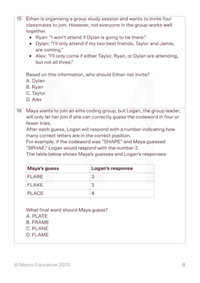 sample page of selective school mock test