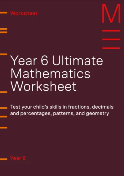 maroon book cover titled 'year 6 ultimate maths worksheet'