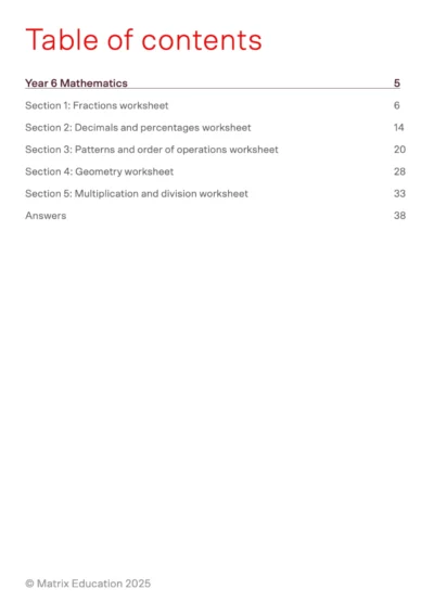 table of contents for 'year 6 ultimate maths worksheet'
