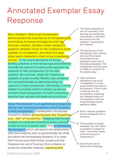 An annotated excerpt from a high-scoring essay on Mary Shelley's Frankenstein