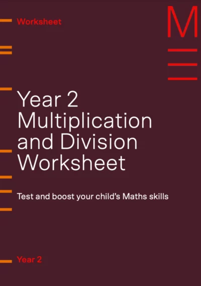 maroon book titled 'year 2 multiplication and division worksheet'