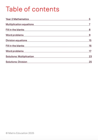 table of contents for year 2 maths worksheet