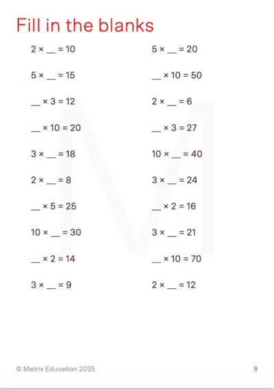 sample page of year 2 maths worksheet 'fill in the blanks'