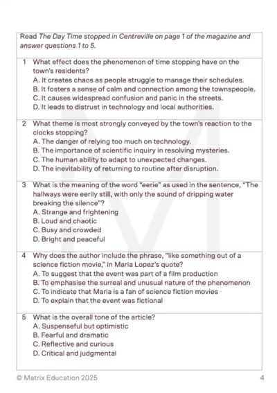 sample page of the NAPLAN reading section questions
