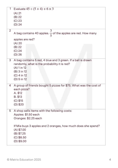 sample page of the NAPLAN numeracy section questions