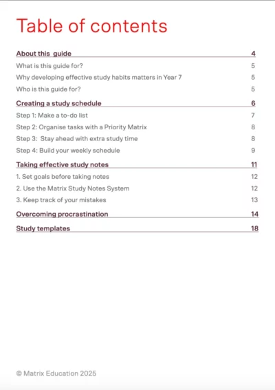 table of contents for the year 7 study guide