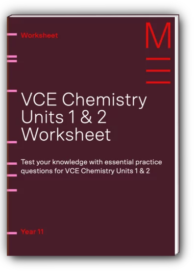 Maroon book cover titled 'VCE Chemistry Units 1 & 2 worksheet'