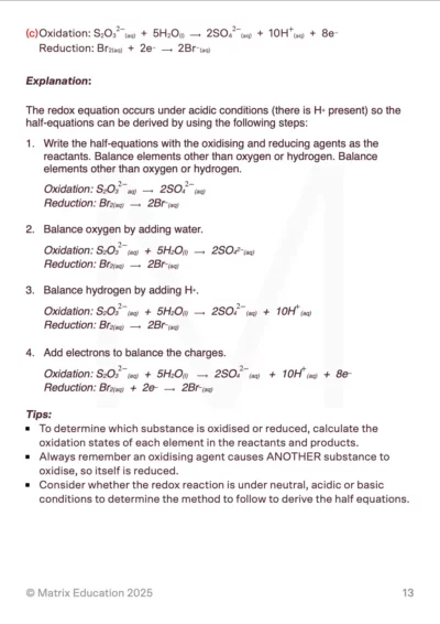 sample page of the redox worksheet detailed solutions and tips to one question