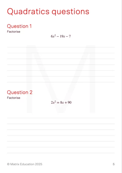 sample page showing the first 2 quadratic equation questions