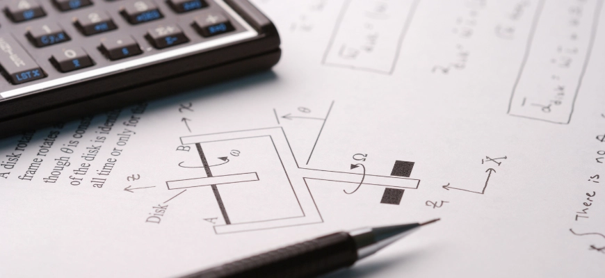 matrix education A close-up of a physics problem sheet featuring a mechanical diagram, maths equations, and a calculator