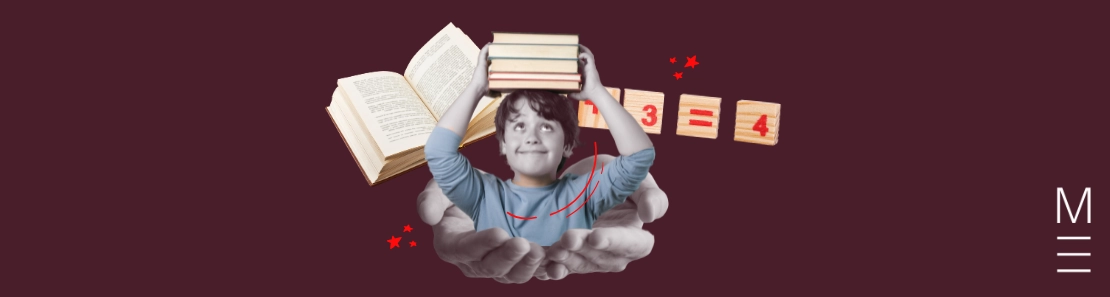 A smiling child balancing books on their head, with open books and supportive hands in the background.