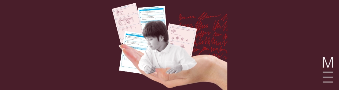 student sitting in an open hand with NAPLAN test pages in the background.