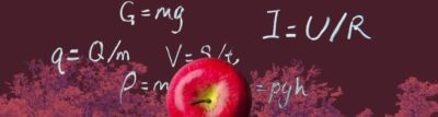 Matrix Education, apple in front of background of physics formulas and tress.