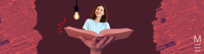 Smiling student holding an open book with a glowing lightbulb above.