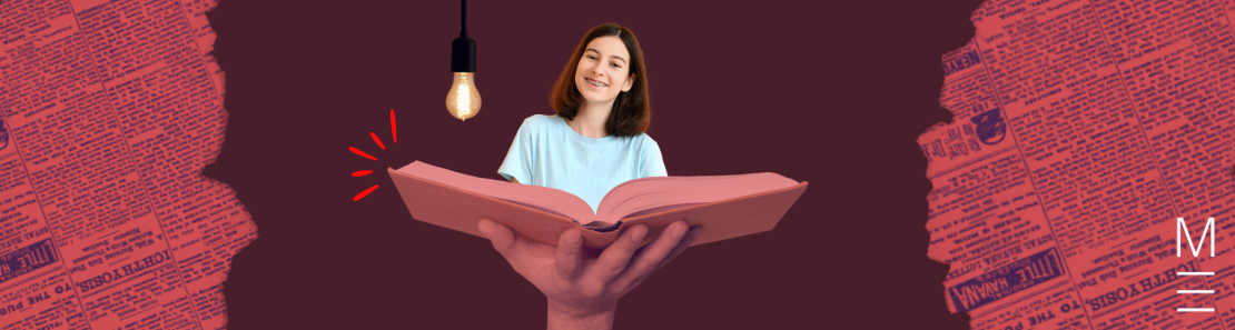 Smiling student holding an open book with a glowing lightbulb above.