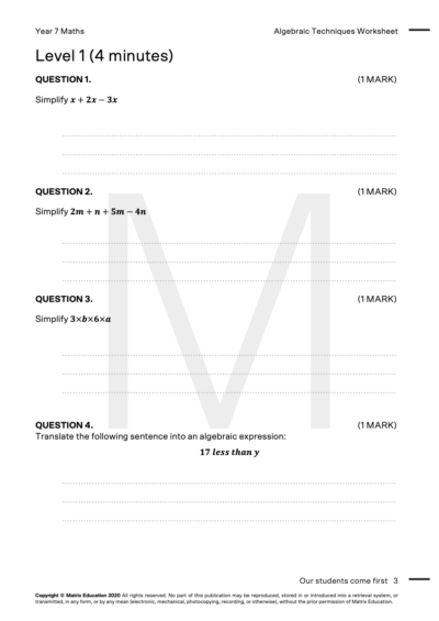 Free Year 7 Maths Algebraic Techniques Worksheet