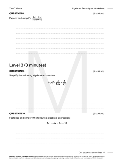 Free Year 7 Maths Algebraic Techniques Worksheet