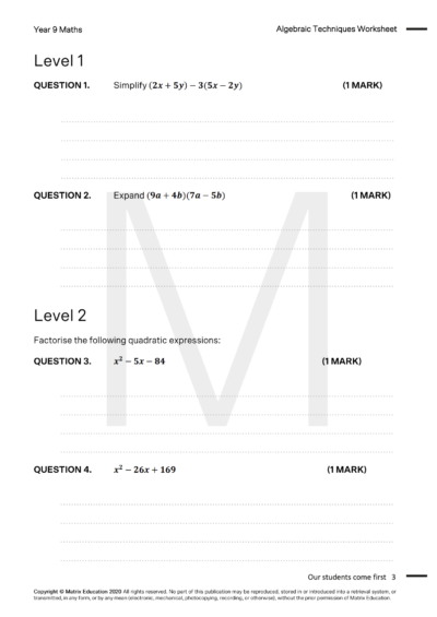 Free Year 9 Algebraic Techniques Worksheet