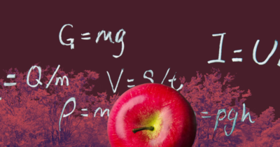 Matrix Education, apple in front of background of physics formulas and tress.