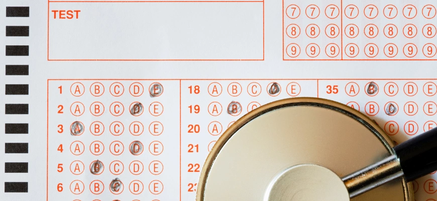 Close-up of a multiple-choice answer sheet with a stethoscope on top, symbolising a UCAT exam.