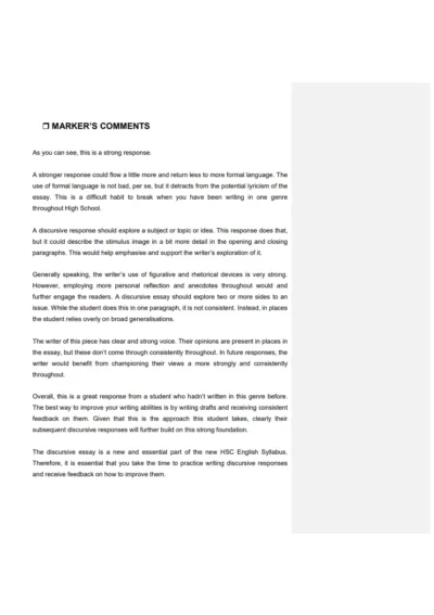 matrix education sample page showing marker's comments on the essay