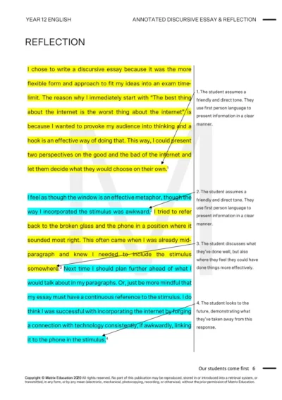sample page showing an annotated discursive essay written by Matrix Education