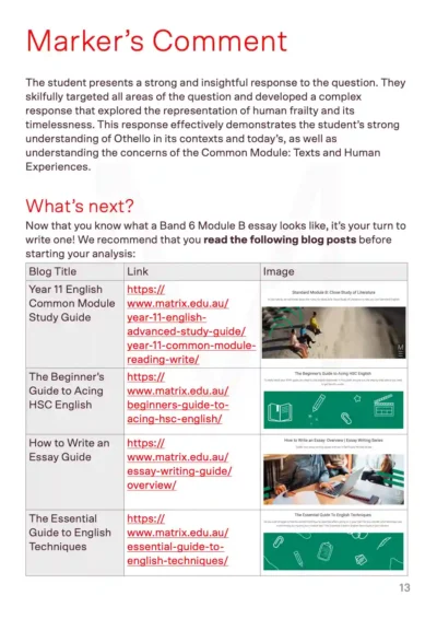 sample page showing marker's comments on an othello essay