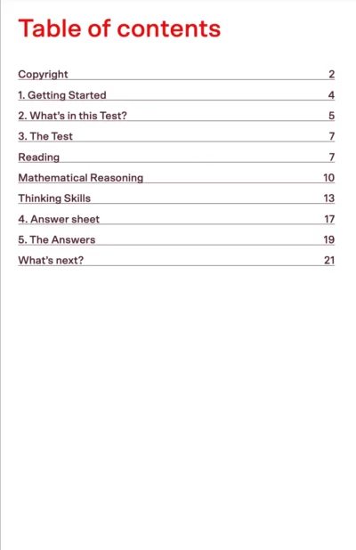 sample page of the table of contents for selective school readiness test