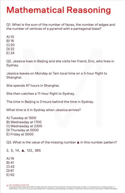 sample page of maths test for selective reading test