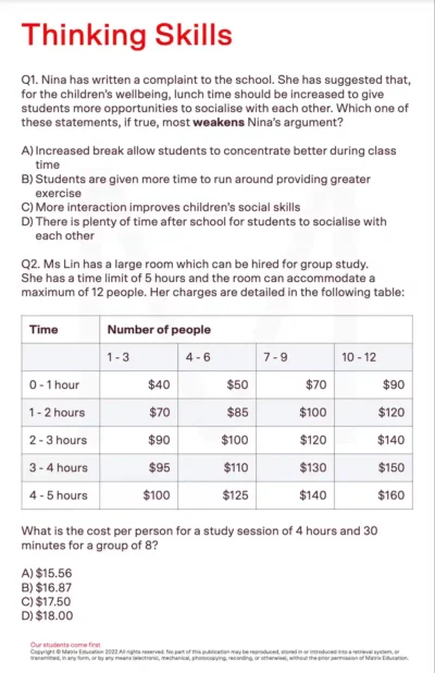 sample page of thinking skills test for selective reading test