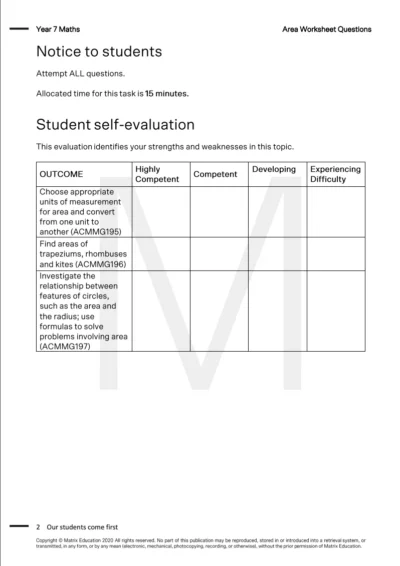 sample page of year 7 area worksheet showing a self evaluation table
