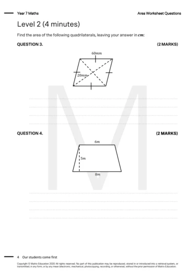 sample page of year 7 area worksheet