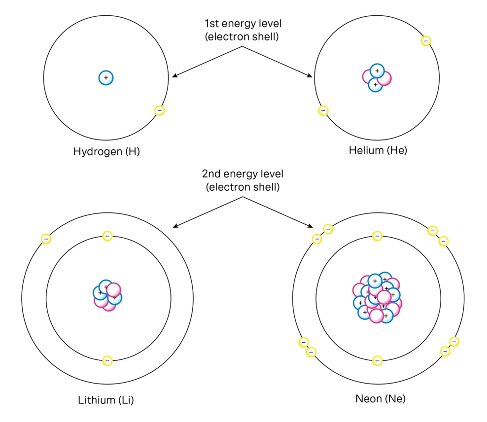 matrix education diagrams of atoms with electron arrangements for year 9 chemistry