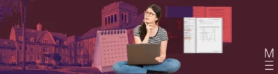 matrix education Student with a laptop, calendar, textbooks, and university background.